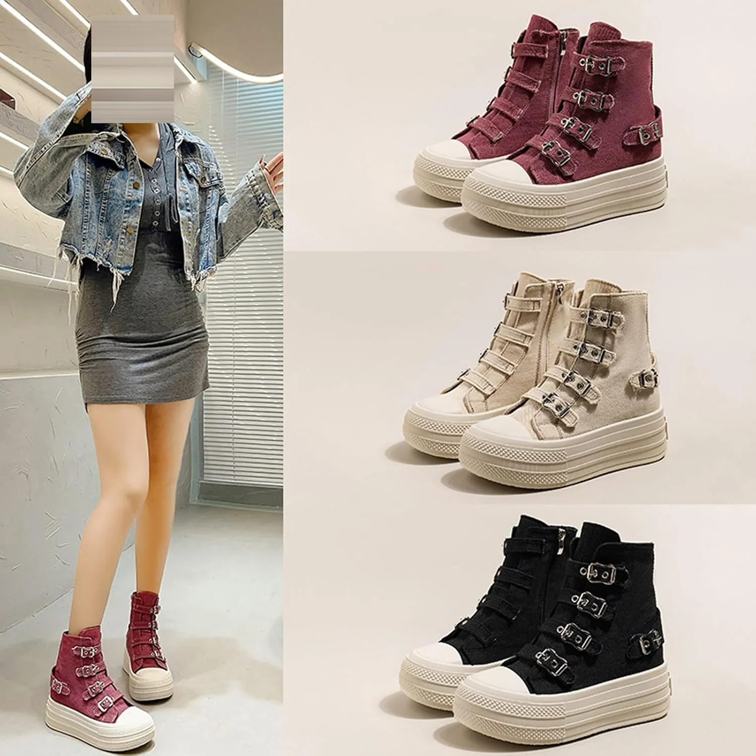 Women's Platform High Top Sneakers Fashion High Top Canvas Shoes with Buckle Thick Sole Side Zipper Casual Lace Up Shoe