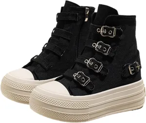 Women's Platform High Top Sneakers Fashion High Top Canvas Shoes with Buckle Thick Sole Side Zipper Casual Lace Up Shoe