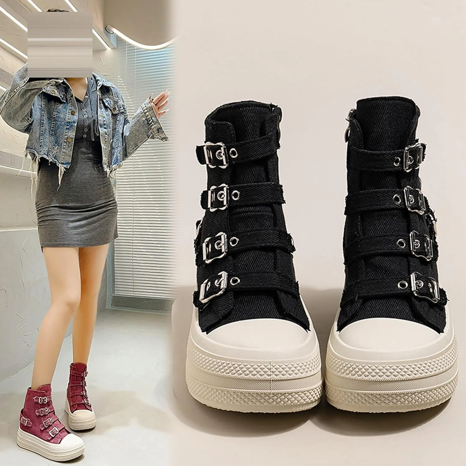 Women's Platform High Top Sneakers Fashion High Top Canvas Shoes with Buckle Thick Sole Side Zipper Casual Lace Up Shoe