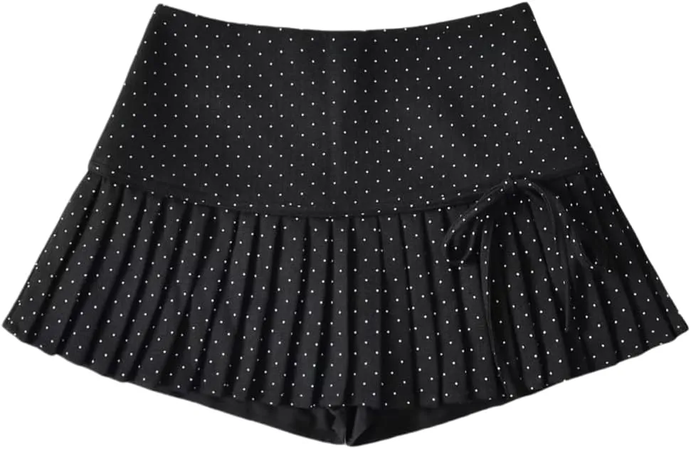 Women's Polka Dot High-Waisted Pleated A-Line Mini Skirt with Lined Shorts