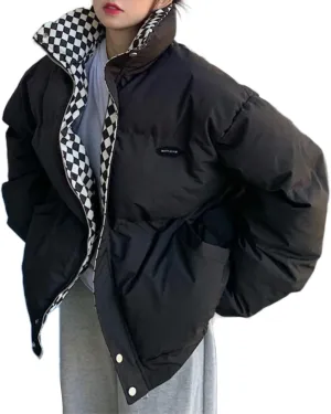 Women's Quilted Padded Puffer Jacket Zip Up Checkered Short Bubble Down Coat Trendy Y2k Teen Girls Baggy Winter Clothes
