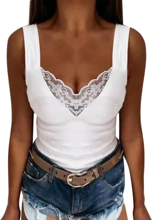 Women's Sexy Lace Camisole Tank Tops 2025 Summer V Neck Solid Color Vest Slim Fit Seamless Shirts