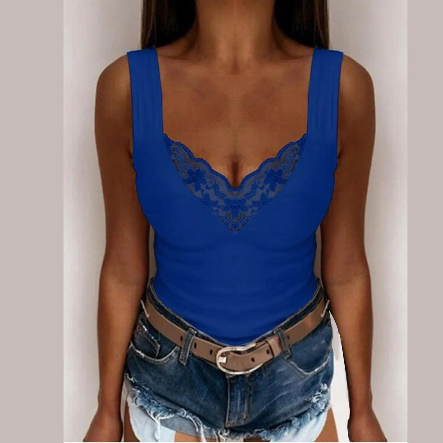 Women's Sexy Lace Camisole Tank Tops 2025 Summer V Neck Solid Color Vest Slim Fit Seamless Shirts