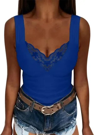 Women's Sexy Lace Camisole Tank Tops 2025 Summer V Neck Solid Color Vest Slim Fit Seamless Shirts