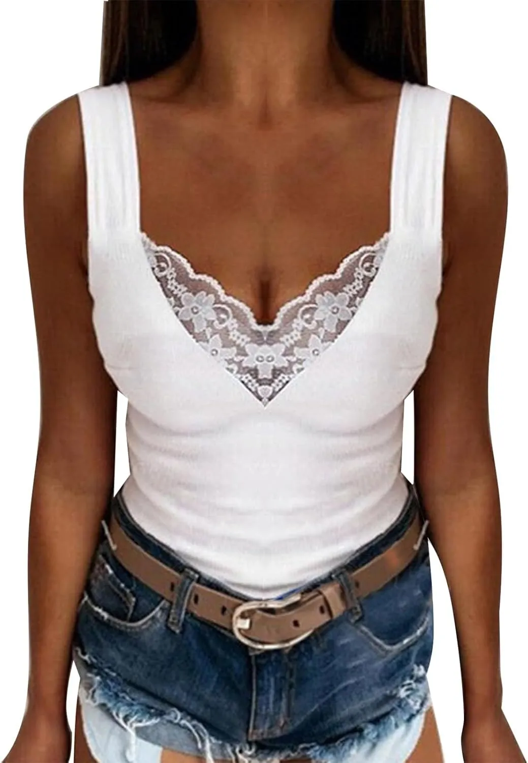 Women's Sexy Lace Camisole Tank Tops 2025 Summer V Neck Solid Color Vest Slim Fit Seamless Shirts