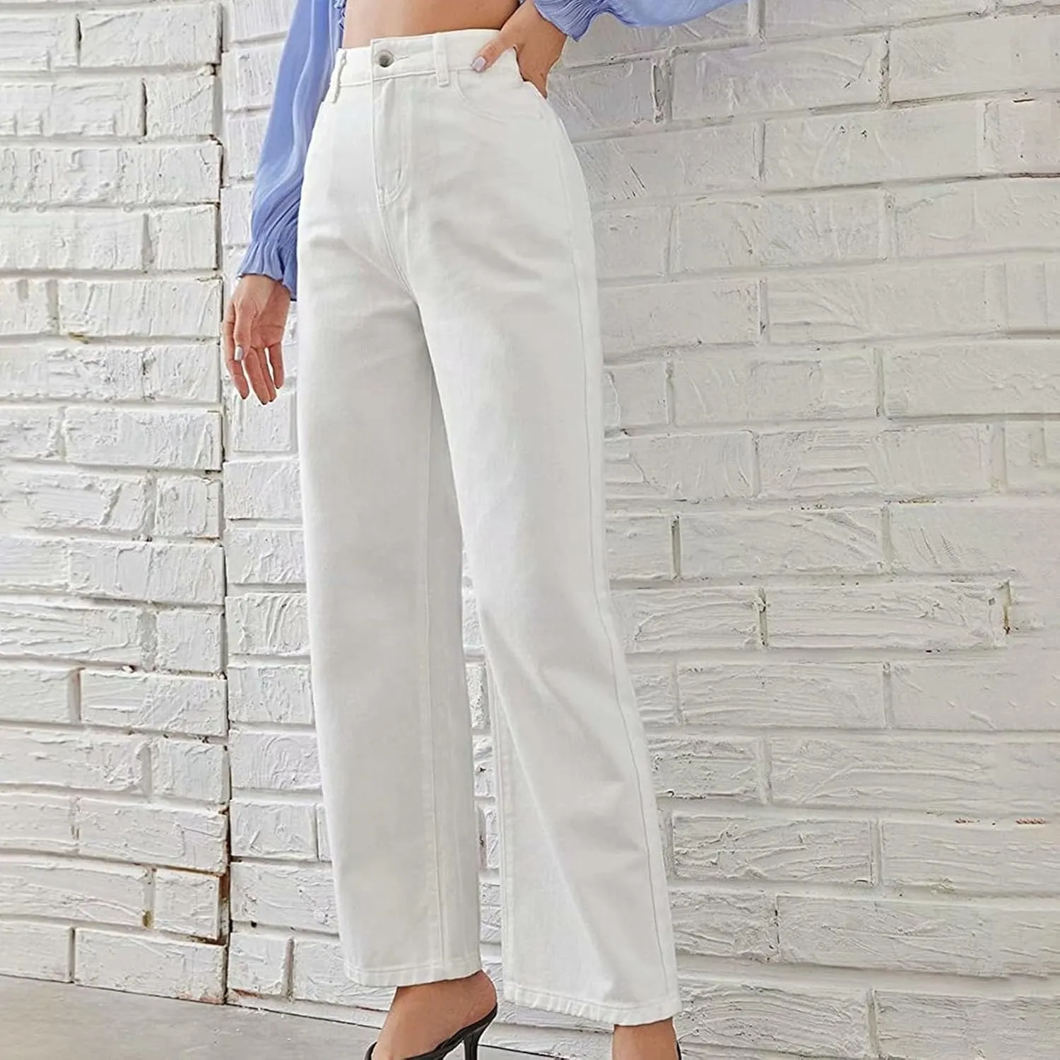 Womens Straight Wide Leg Jean 2025 Trendy High Waiste Button Denim Pants Daily Running Exercise Sports Casual Trouser