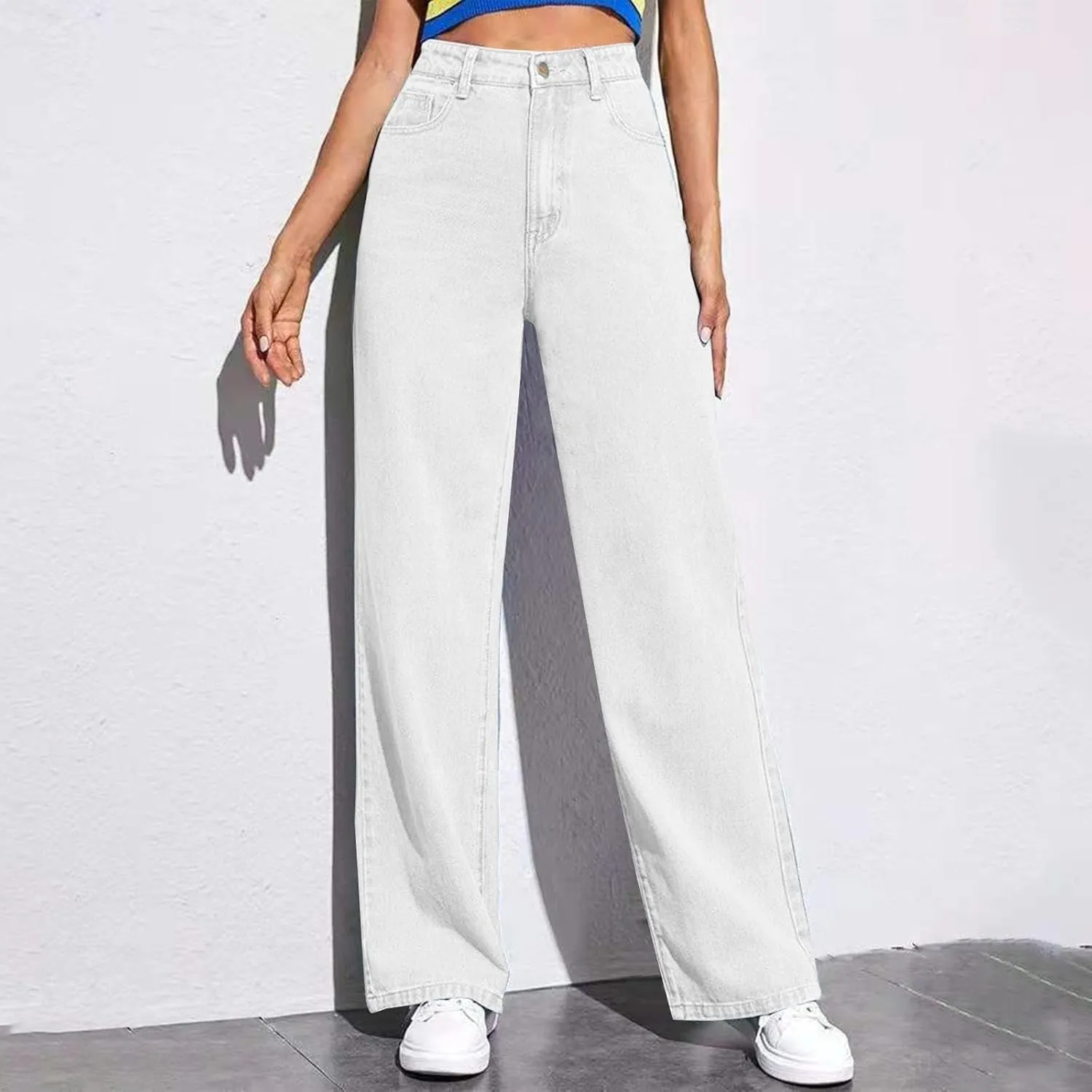 Womens Straight Wide Leg Jean 2025 Trendy High Waiste Button Denim Pants Daily Running Exercise Sports Casual Trouser