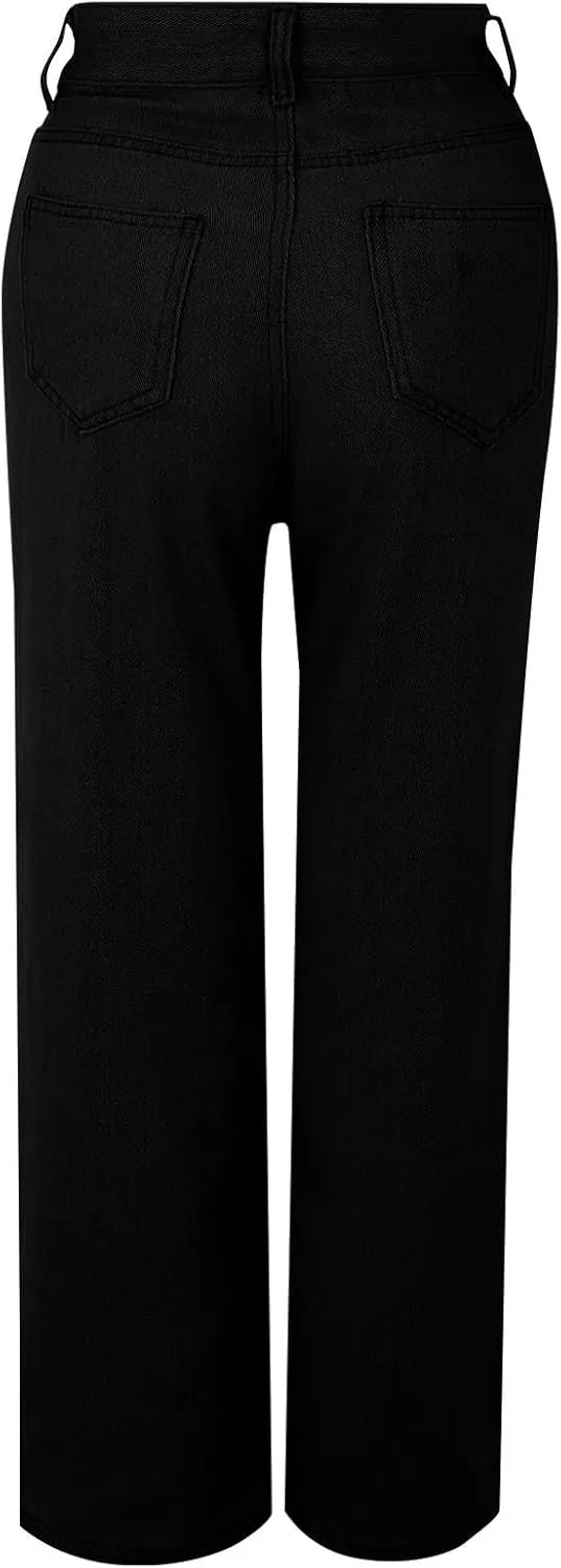 Womens Straight Wide Leg Jean 2025 Trendy High Waiste Button Denim Pants Daily Running Exercise Sports Casual Trouser