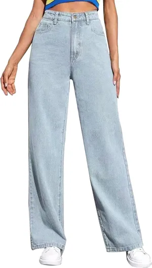 Womens Straight Wide Leg Jean 2025 Trendy High Waiste Button Denim Pants Daily Running Exercise Sports Casual Trouser