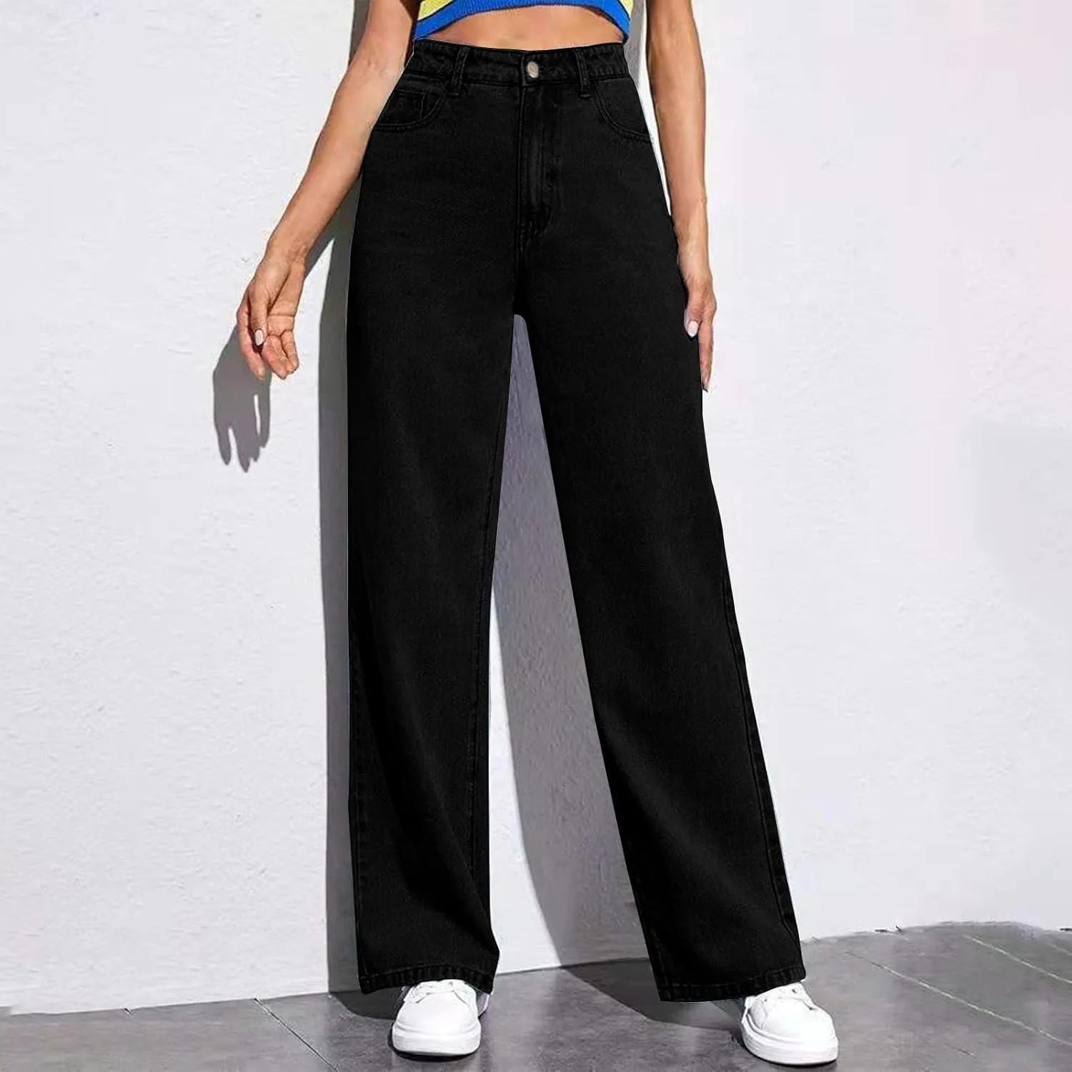 Womens Straight Wide Leg Jean 2025 Trendy High Waiste Button Denim Pants Daily Running Exercise Sports Casual Trouser