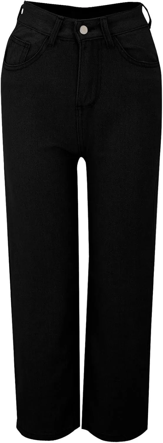 Womens Straight Wide Leg Jean 2025 Trendy High Waiste Button Denim Pants Daily Running Exercise Sports Casual Trouser