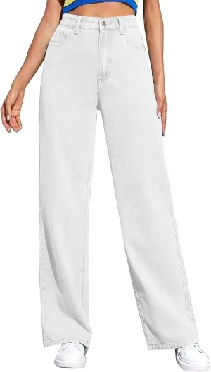 Womens Straight Wide Leg Jean 2025 Trendy High Waiste Button Denim Pants Daily Running Exercise Sports Casual Trouser