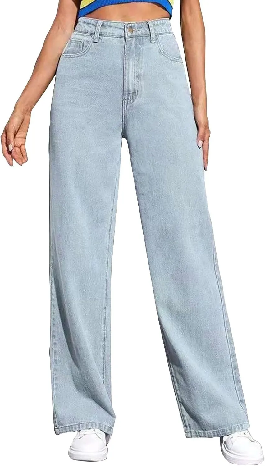 Womens Straight Wide Leg Jean 2025 Trendy High Waiste Button Denim Pants Daily Running Exercise Sports Casual Trouser