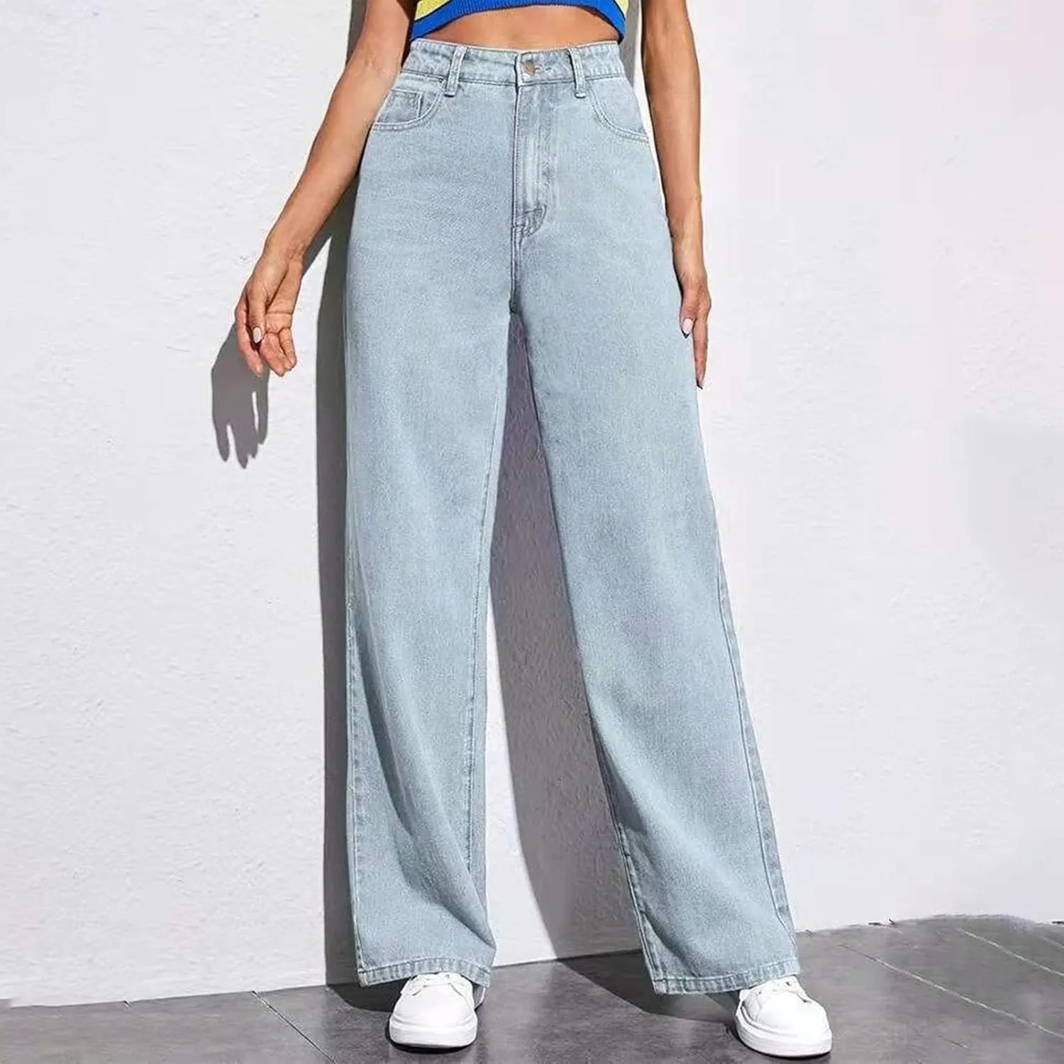 Womens Straight Wide Leg Jean 2025 Trendy High Waiste Button Denim Pants Daily Running Exercise Sports Casual Trouser