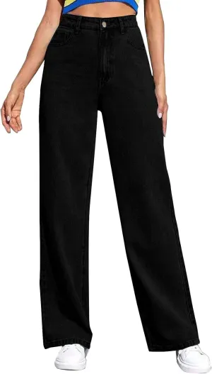 Womens Straight Wide Leg Jean 2025 Trendy High Waiste Button Denim Pants Daily Running Exercise Sports Casual Trouser