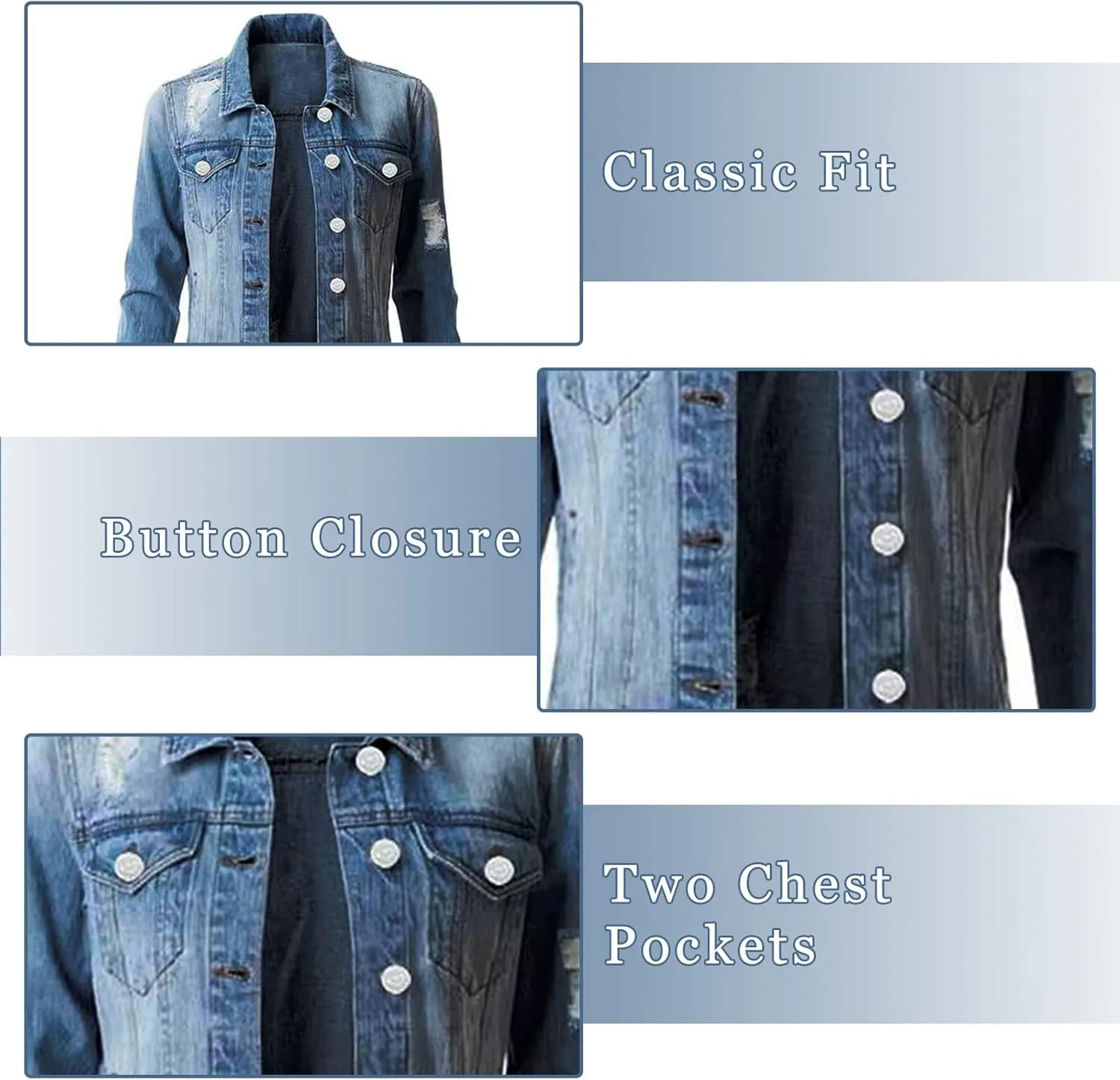 Women's Stretch Denim Jacket Long Sleeve Button Lapel Classic Jean Trucker Coat with Pockets