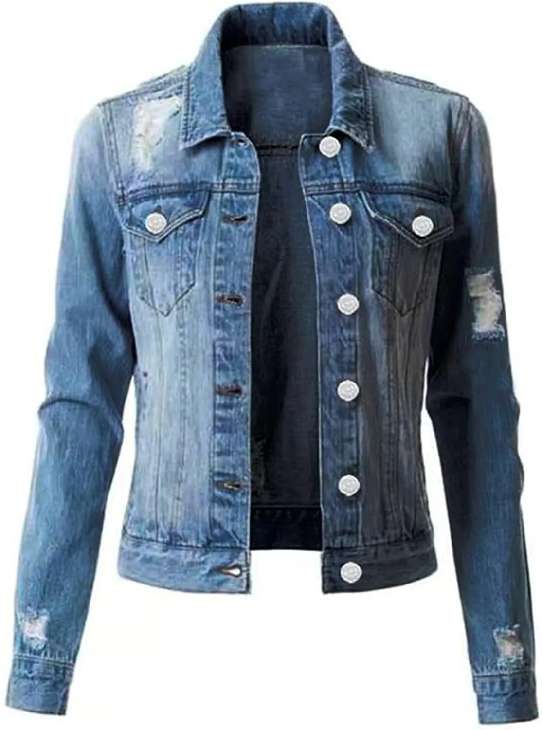 Women's Stretch Denim Jacket Long Sleeve Button Lapel Classic Jean Trucker Coat with Pockets
