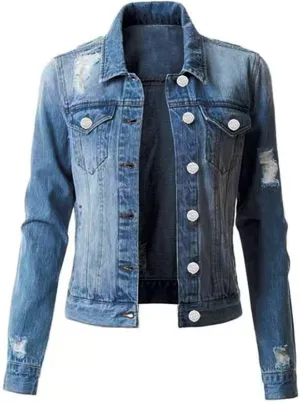 Women's Stretch Denim Jacket Long Sleeve Button Lapel Classic Jean Trucker Coat with Pockets