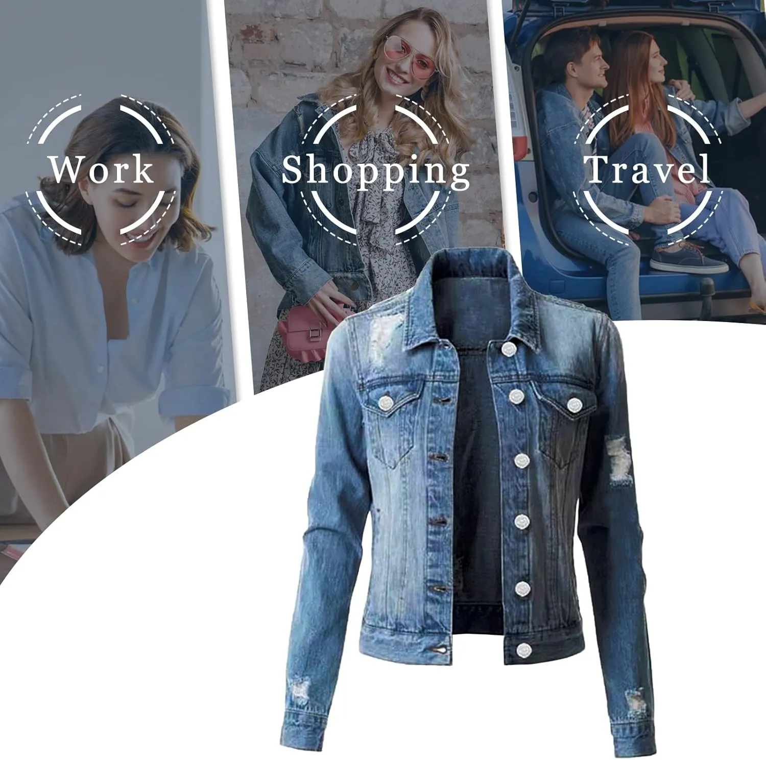 Women's Stretch Denim Jacket Long Sleeve Button Lapel Classic Jean Trucker Coat with Pockets