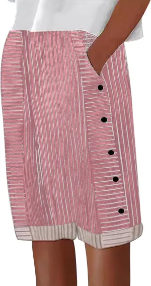 Women's Striped Linen Crop Pants Trendy Wide Leg Side Button Above Knee Fifth Trouser Summer Beach Flowy Casual Short