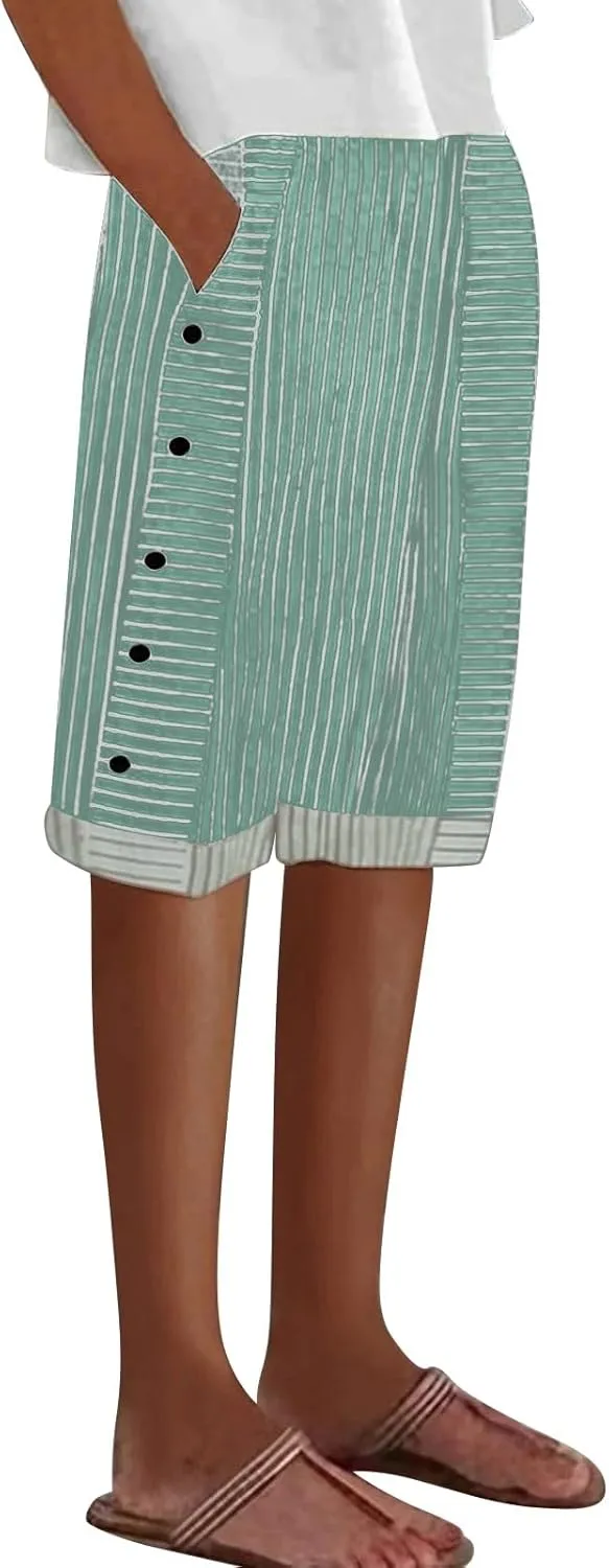 Women's Striped Linen Crop Pants Trendy Wide Leg Side Button Above Knee Fifth Trouser Summer Beach Flowy Casual Short