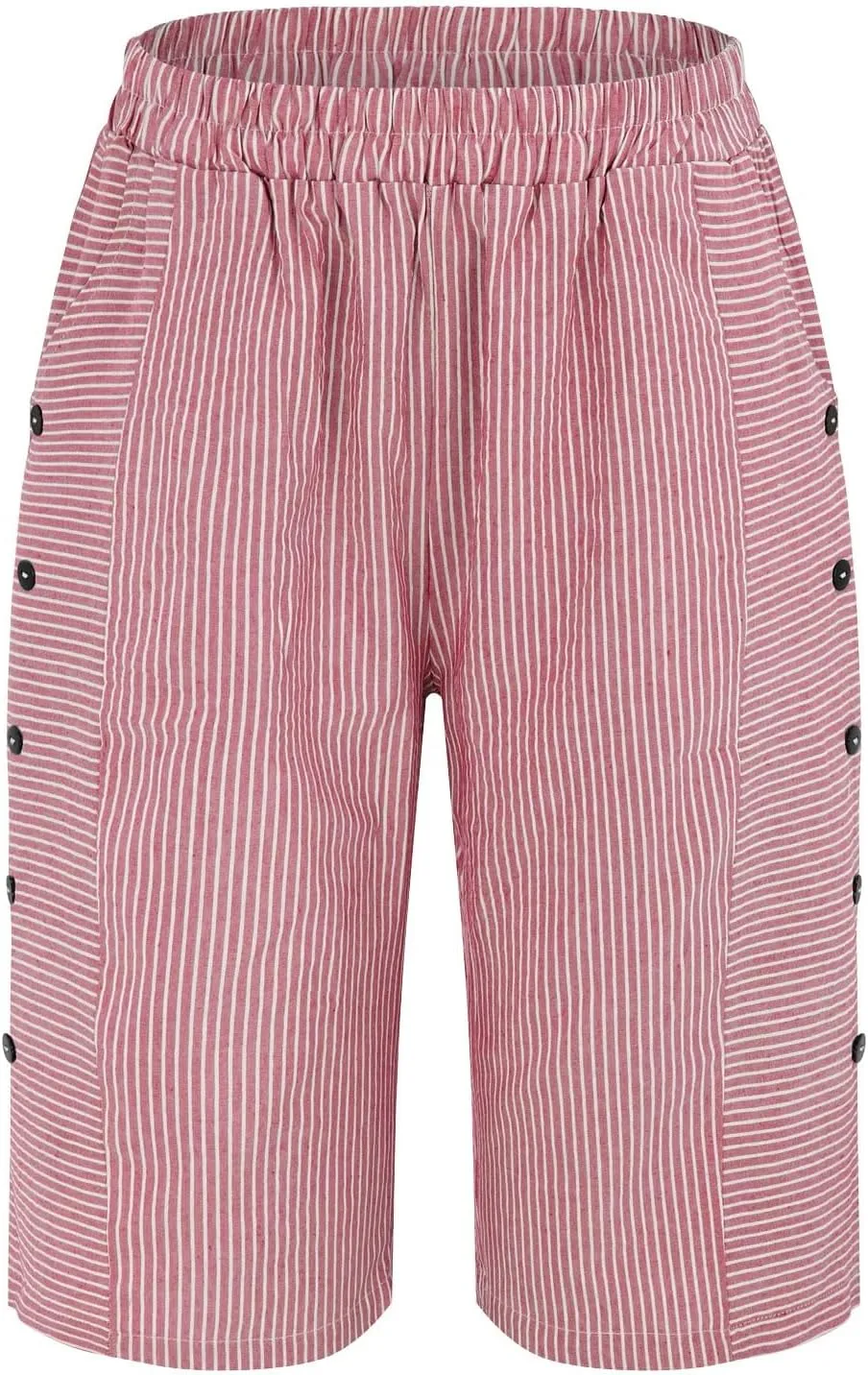 Women's Striped Linen Crop Pants Trendy Wide Leg Side Button Above Knee Fifth Trouser Summer Beach Flowy Casual Short