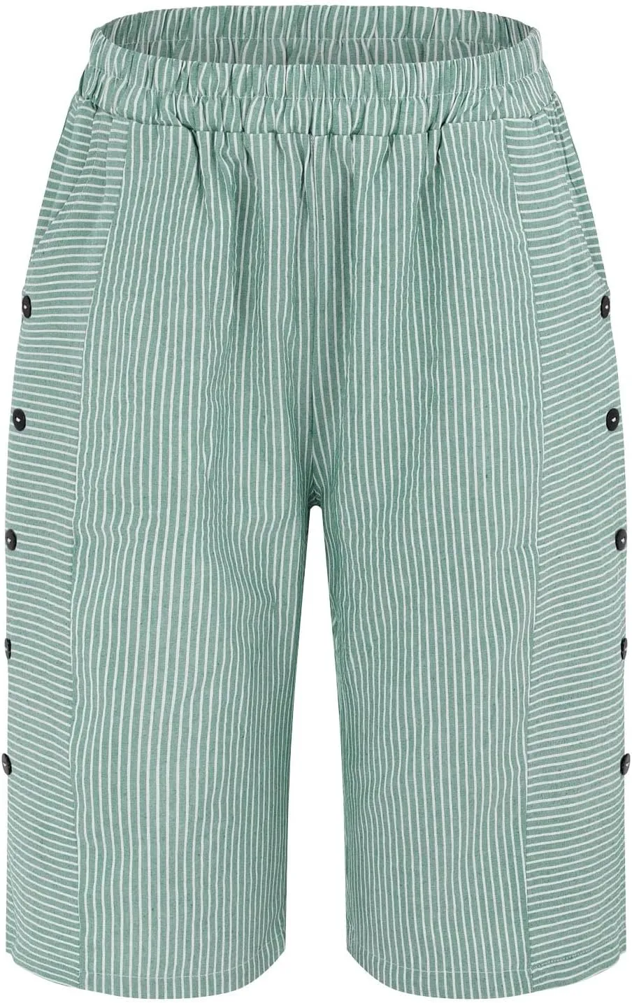 Women's Striped Linen Crop Pants Trendy Wide Leg Side Button Above Knee Fifth Trouser Summer Beach Flowy Casual Short