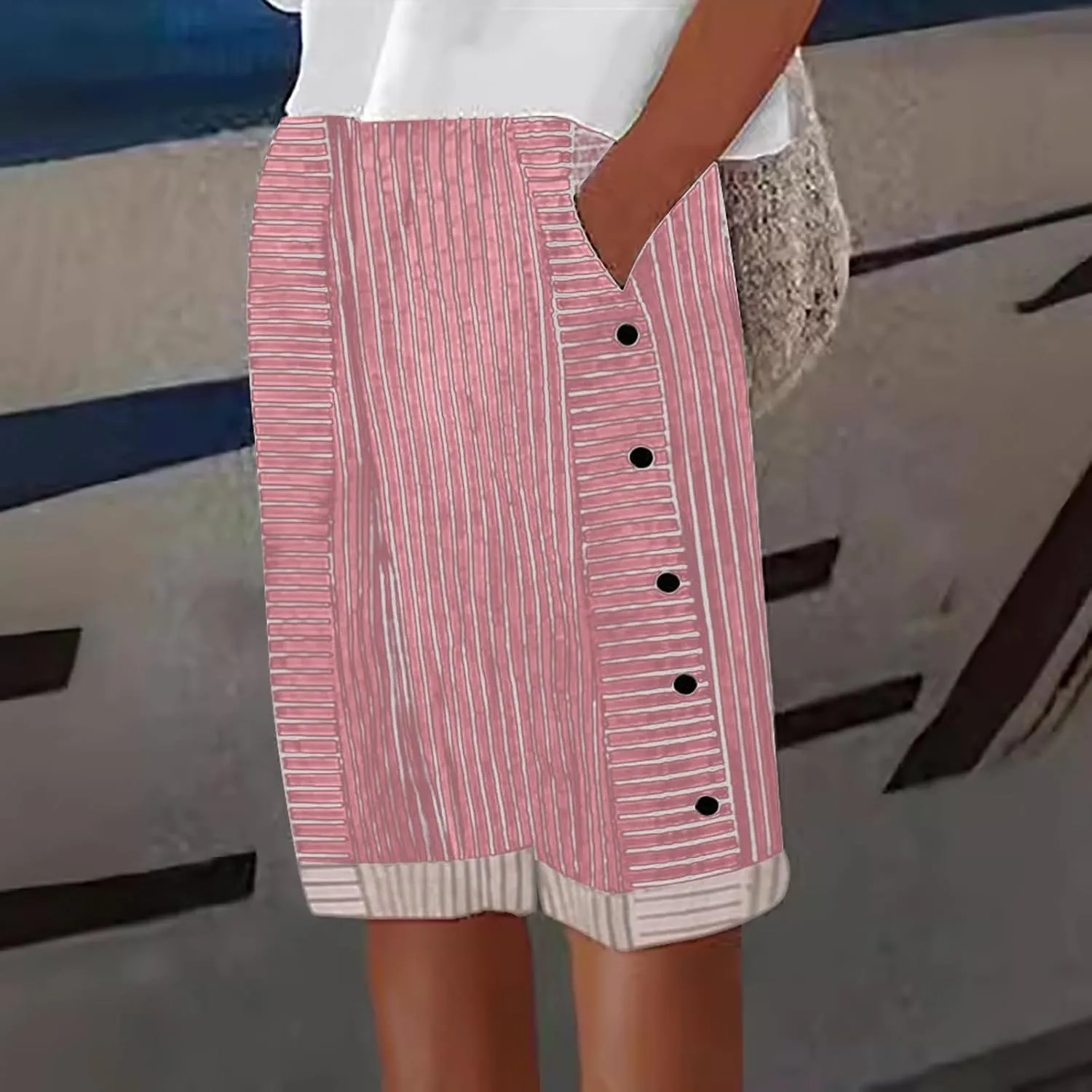 Women's Striped Linen Crop Pants Trendy Wide Leg Side Button Above Knee Fifth Trouser Summer Beach Flowy Casual Short