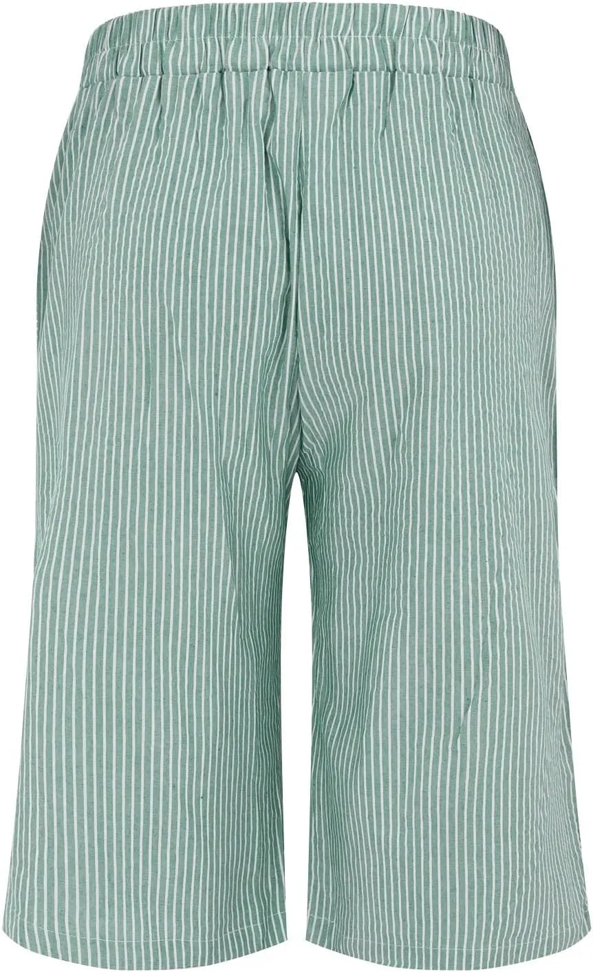 Women's Striped Linen Crop Pants Trendy Wide Leg Side Button Above Knee Fifth Trouser Summer Beach Flowy Casual Short