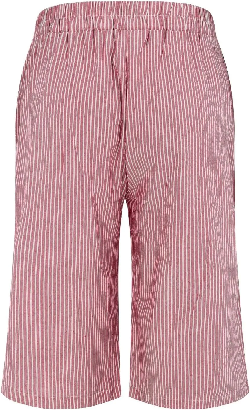 Women's Striped Linen Crop Pants Trendy Wide Leg Side Button Above Knee Fifth Trouser Summer Beach Flowy Casual Short