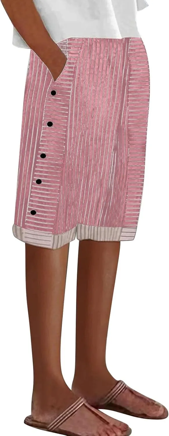 Women's Striped Linen Crop Pants Trendy Wide Leg Side Button Above Knee Fifth Trouser Summer Beach Flowy Casual Short