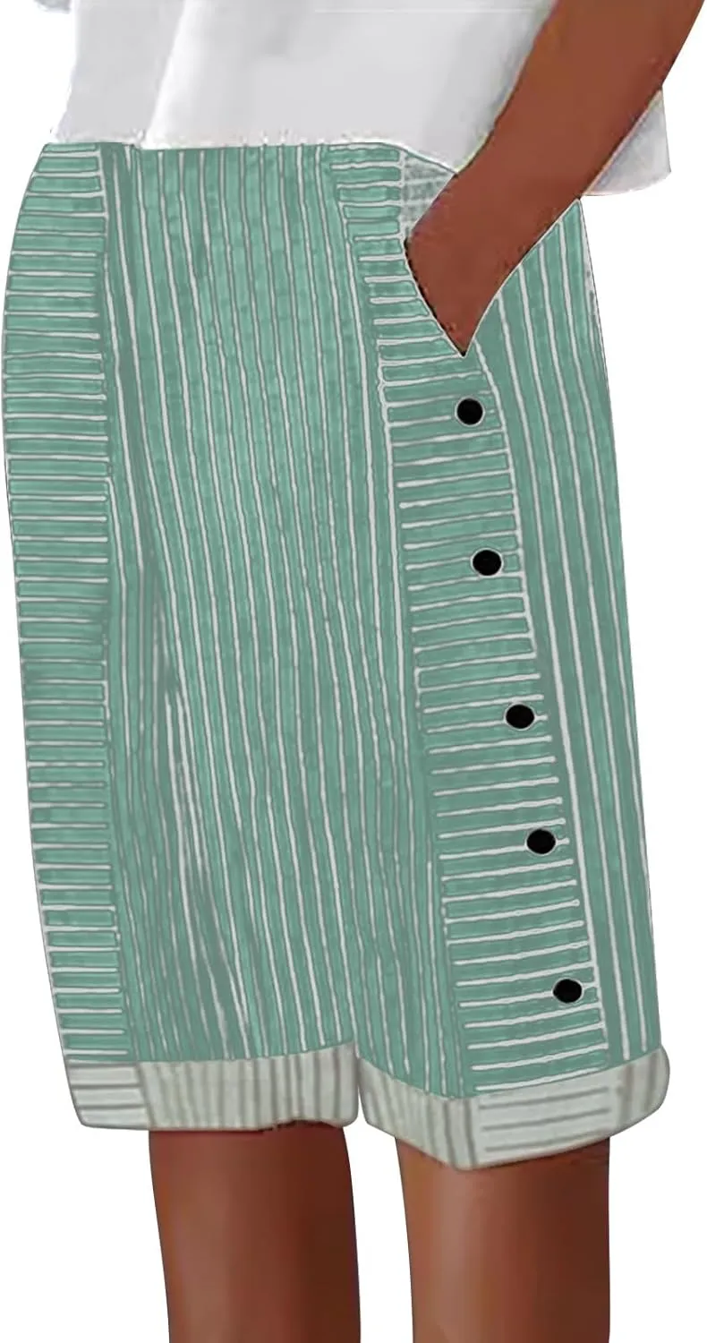 Women's Striped Linen Crop Pants Trendy Wide Leg Side Button Above Knee Fifth Trouser Summer Beach Flowy Casual Short
