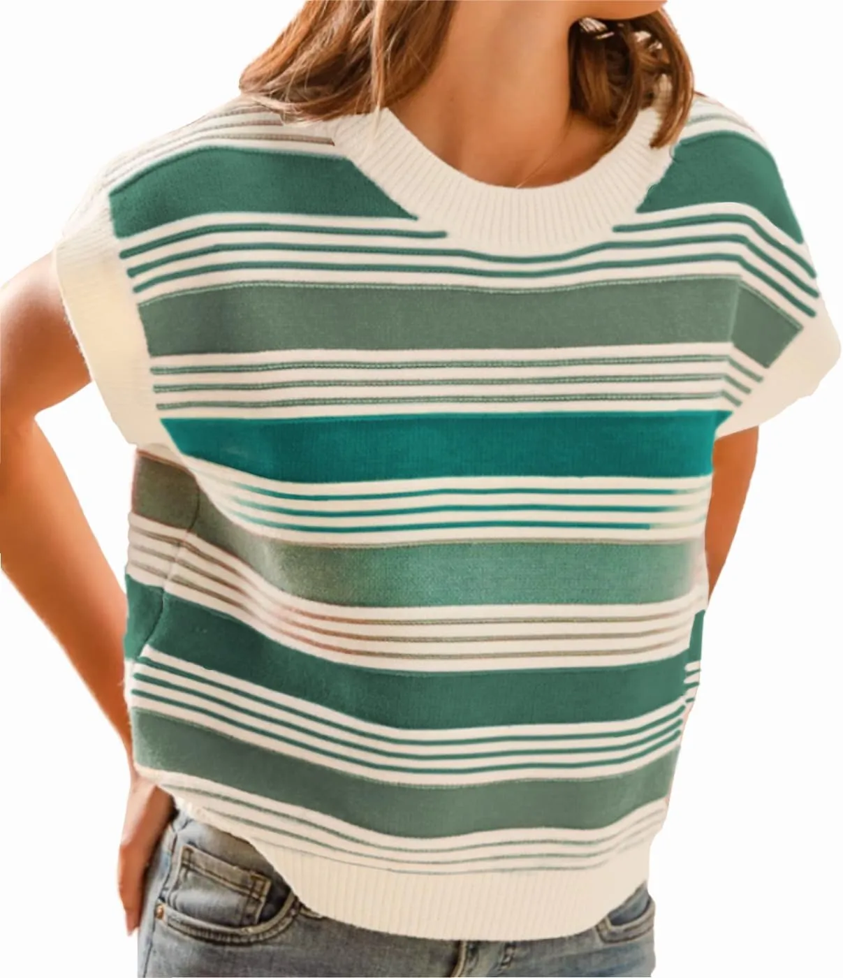 Womens Summer Cap Sleeve Tops Striped Color Block Sleeveless Sweater Vest Crew Neck Casual Loose Fit Tank Top