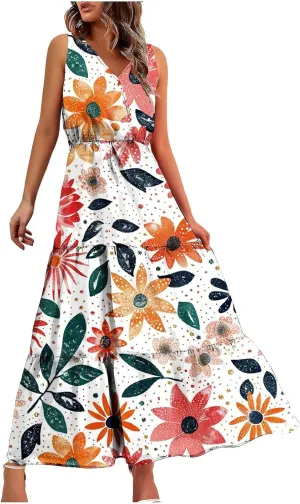Womens Summer Dresses Casual Sleeveless Long Maxi Dress V Neck A-Line Dress Boho Floral Sundress Wedding Guest Dress
