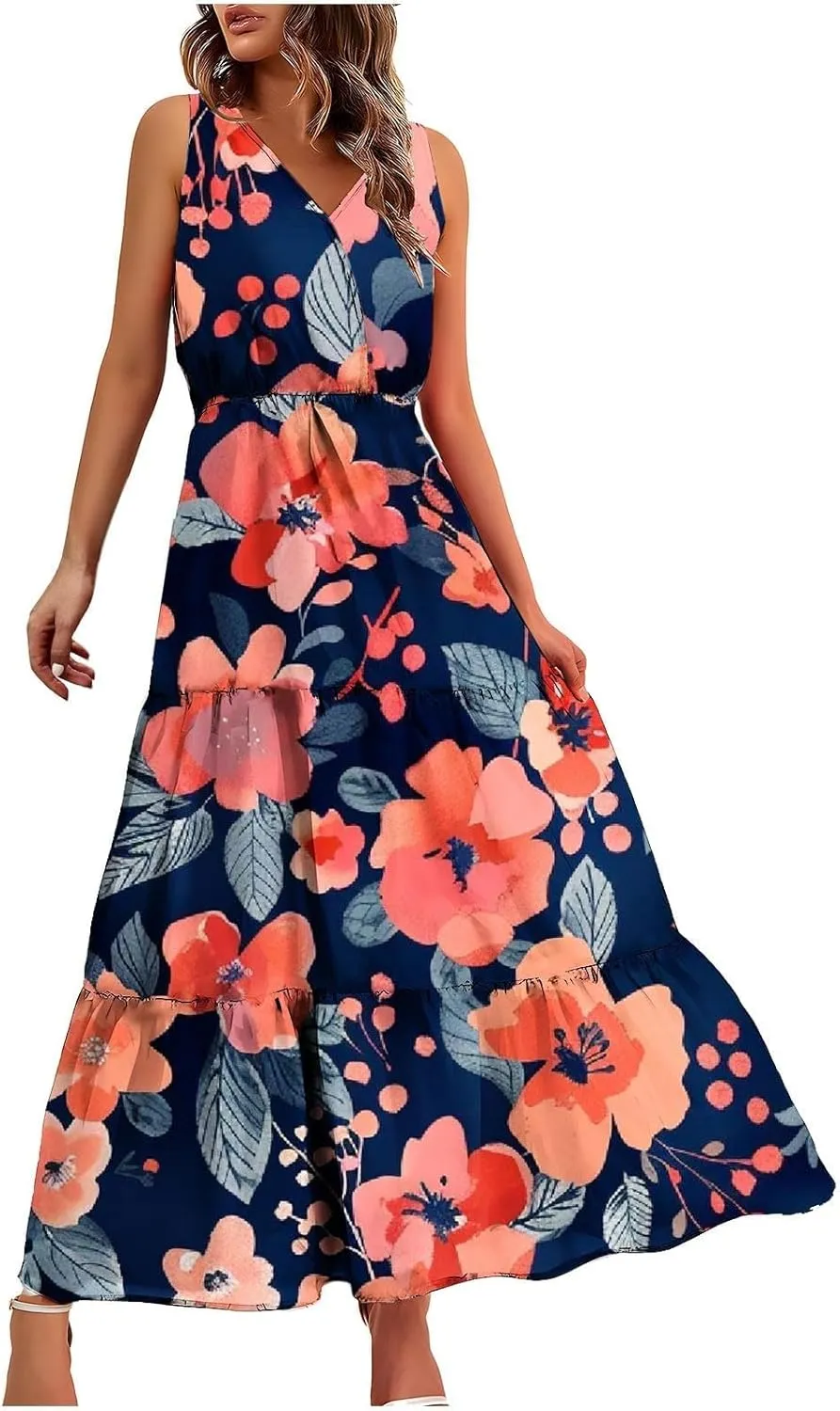 Womens Summer Dresses Casual Sleeveless Long Maxi Dress V Neck A-Line Dress Boho Floral Sundress Wedding Guest Dress