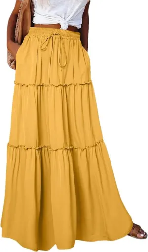 Women's Summer High Waist Elastic A-Line Long Skirt Solid Color Casual Long Skirt