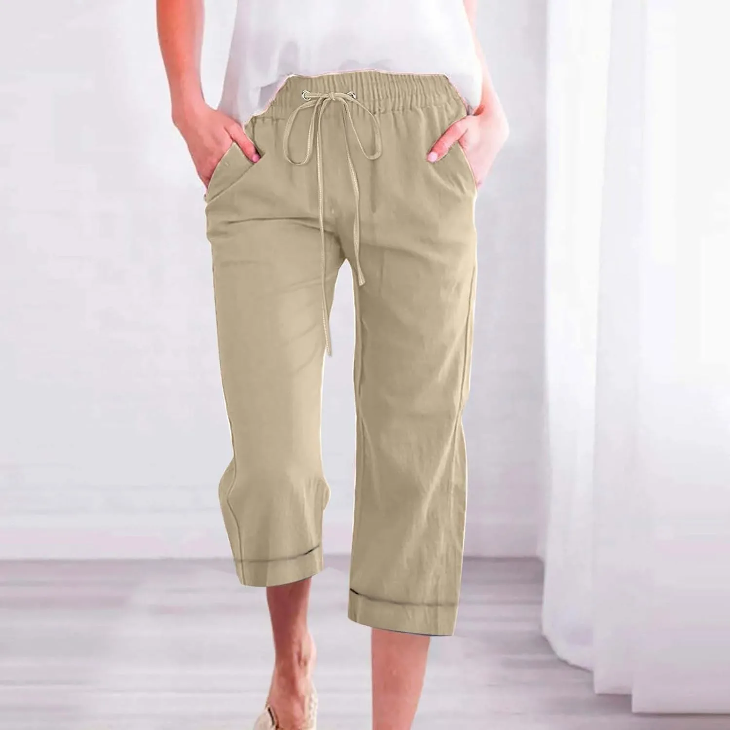 Womens Summer Linen Capri Pants 3/4 Length Flowy High Waisted Stretch Trouser Cotton Linen Athletic Casual Sweatpants