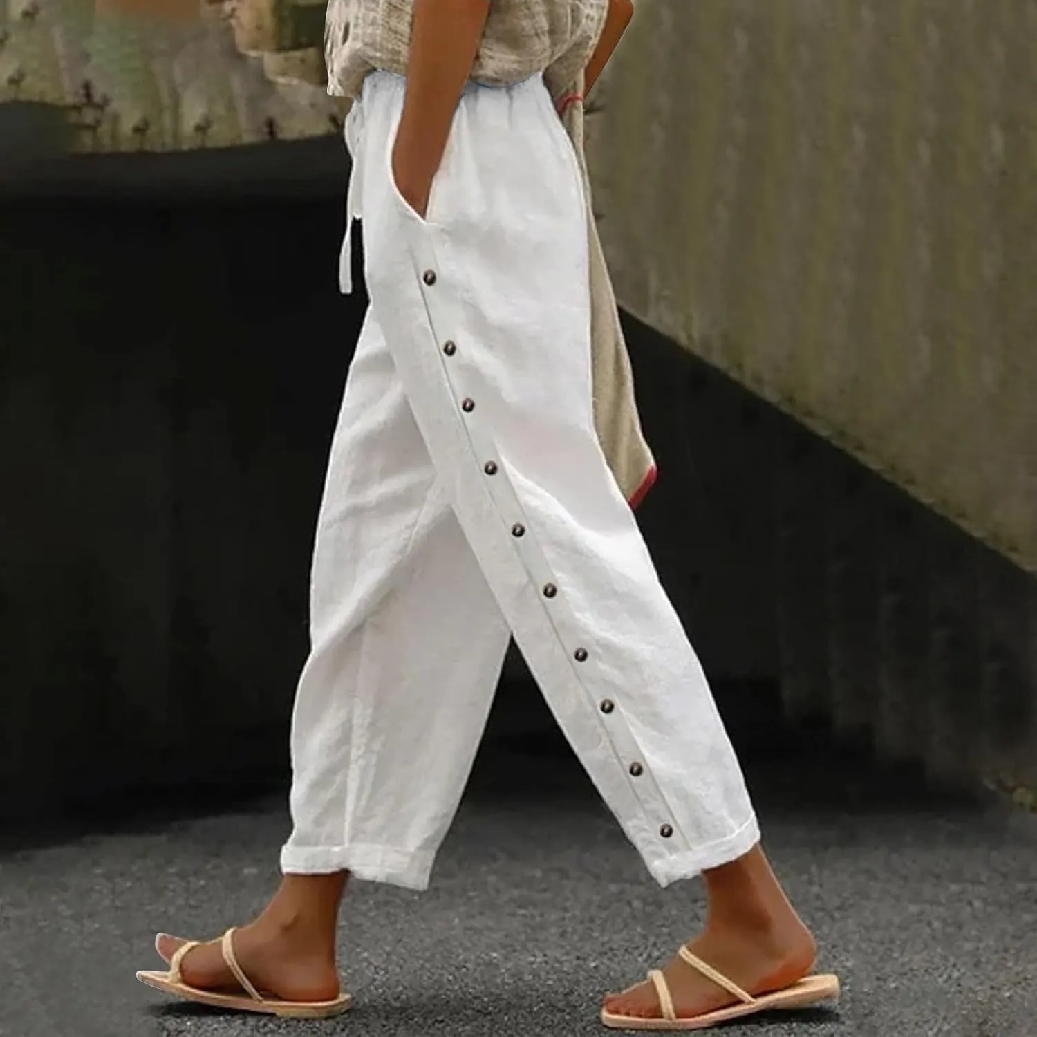 Women's Summer Linen Casual Pants Stretchy Waistband Side Button Down Trouser Stylish Outdoor Travel Home Lounge Pant