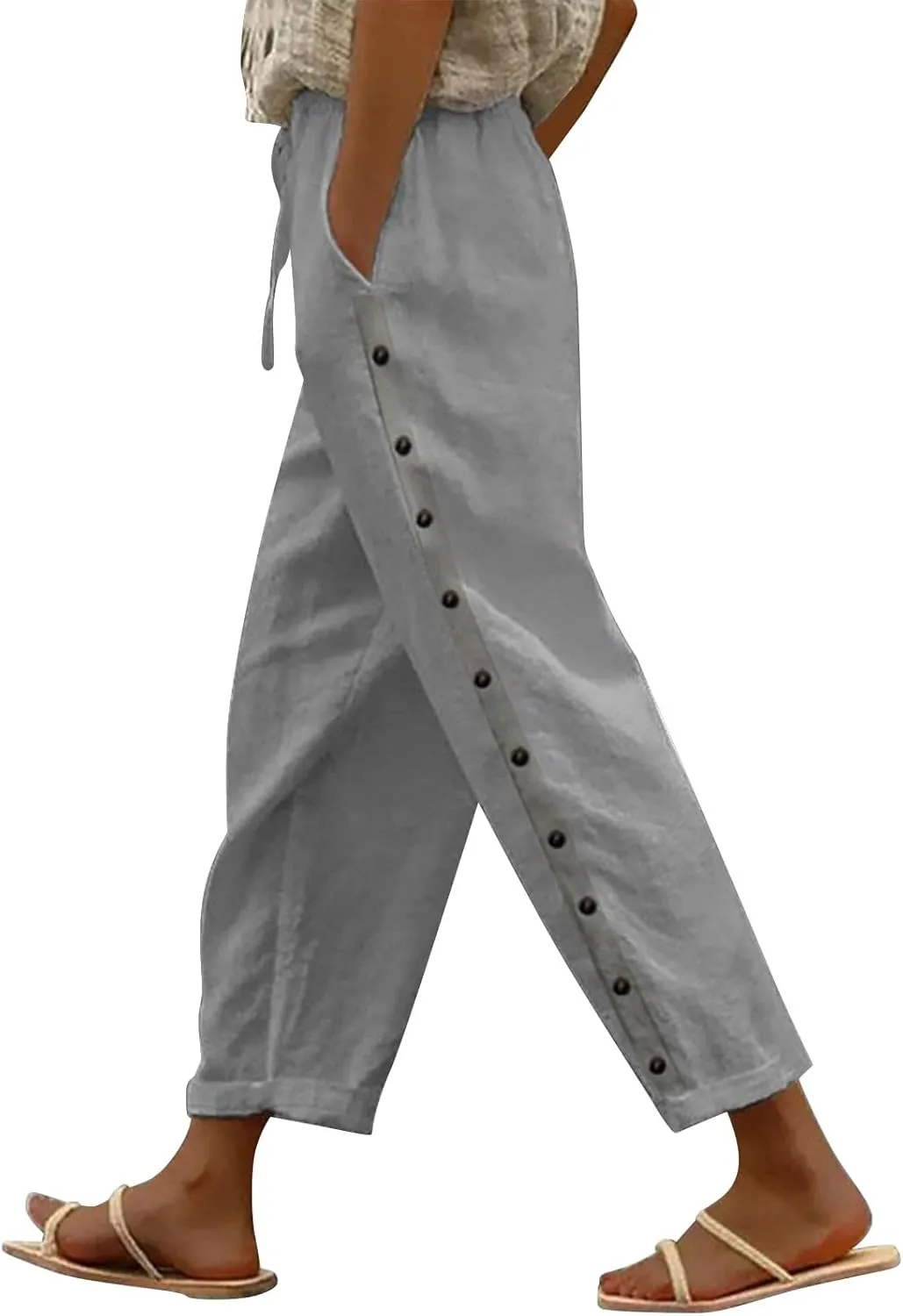 Women's Summer Linen Casual Pants Stretchy Waistband Side Button Down Trouser Stylish Outdoor Travel Home Lounge Pant