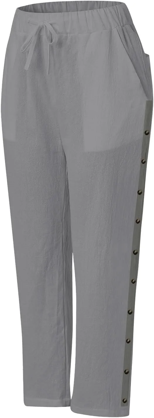 Women's Summer Linen Casual Pants Stretchy Waistband Side Button Down Trouser Stylish Outdoor Travel Home Lounge Pant