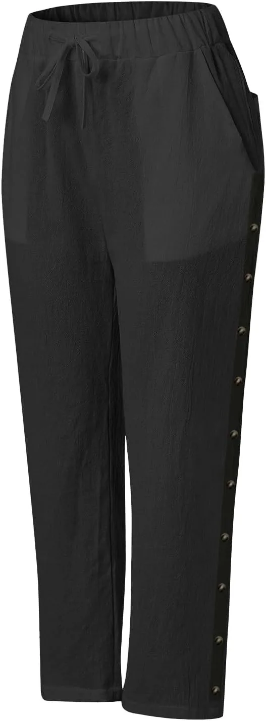 Women's Summer Linen Casual Pants Stretchy Waistband Side Button Down Trouser Stylish Outdoor Travel Home Lounge Pant