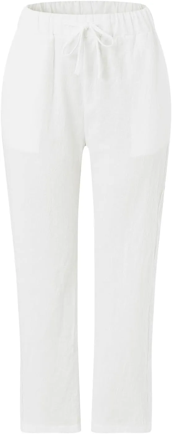 Women's Summer Linen Casual Pants Stretchy Waistband Side Button Down Trouser Stylish Outdoor Travel Home Lounge Pant