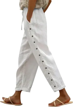 Women's Summer Linen Casual Pants Stretchy Waistband Side Button Down Trouser Stylish Outdoor Travel Home Lounge Pant