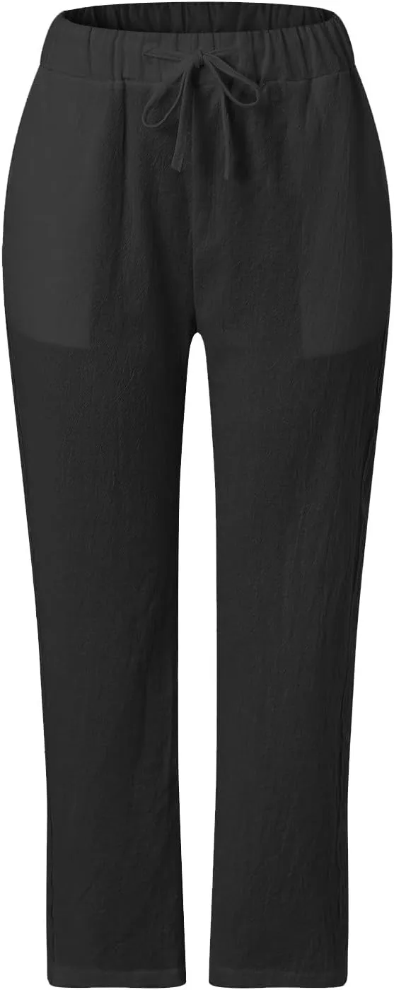 Women's Summer Linen Casual Pants Stretchy Waistband Side Button Down Trouser Stylish Outdoor Travel Home Lounge Pant
