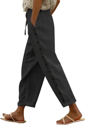 Women's Summer Linen Casual Pants Stretchy Waistband Side Button Down Trouser Stylish Outdoor Travel Home Lounge Pant