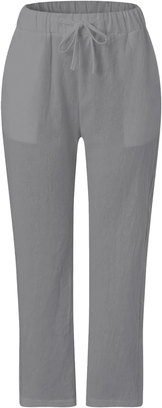 Women's Summer Linen Casual Pants Stretchy Waistband Side Button Down Trouser Stylish Outdoor Travel Home Lounge Pant