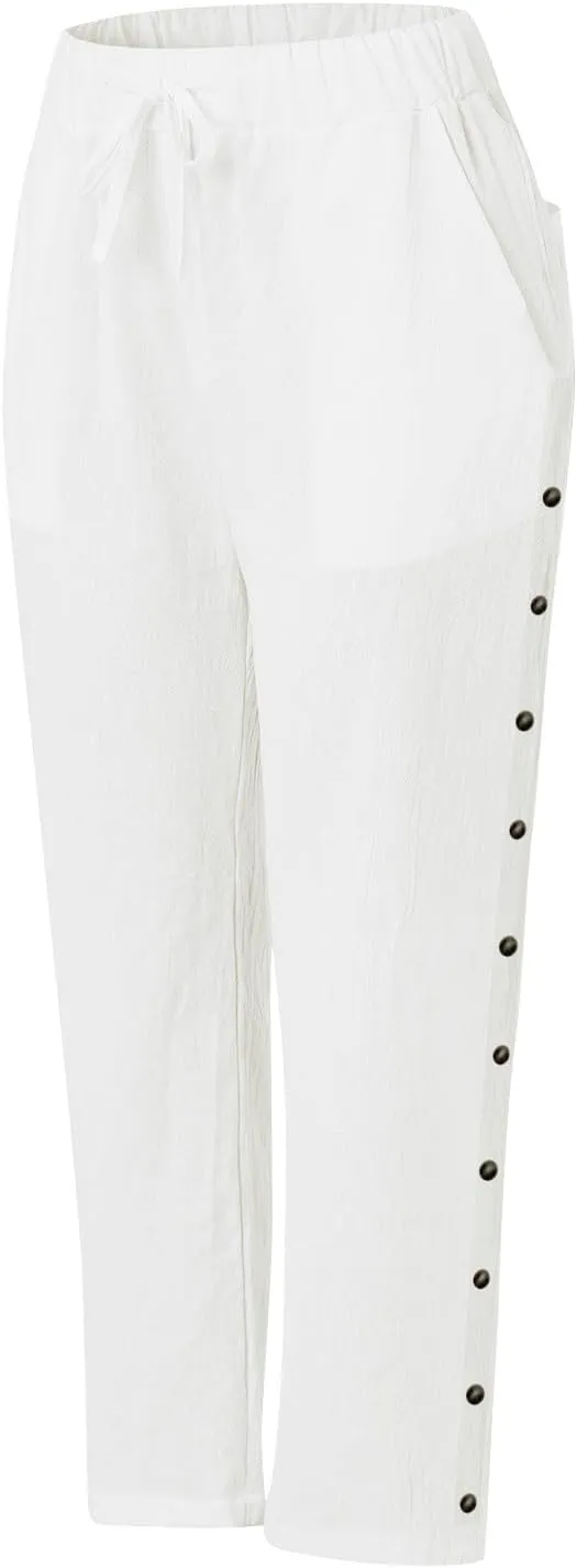 Women's Summer Linen Casual Pants Stretchy Waistband Side Button Down Trouser Stylish Outdoor Travel Home Lounge Pant
