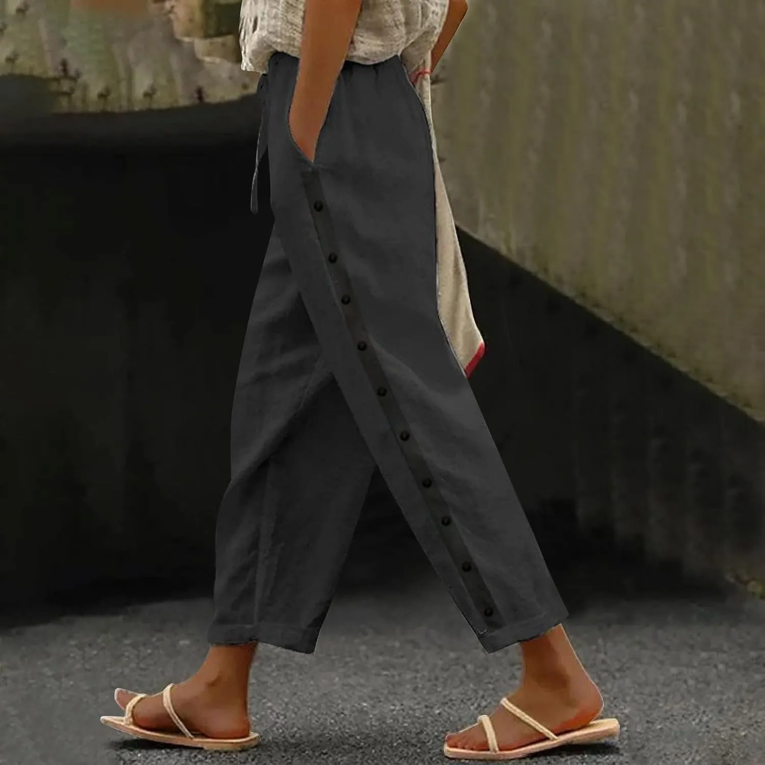 Women's Summer Linen Casual Pants Stretchy Waistband Side Button Down Trouser Stylish Outdoor Travel Home Lounge Pant