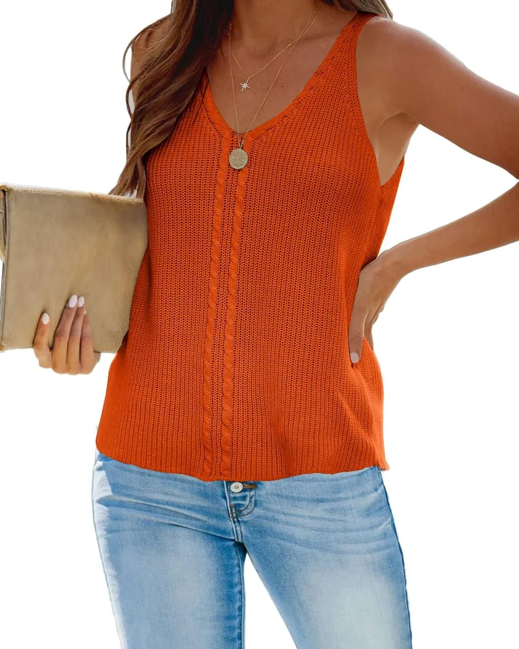 Womens Summer V Neck Tops Rib Knitted Sleeveless Tank Top Cable Knit Sweater Vest Casual Solid Tee Shirts