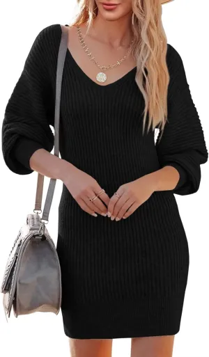 Womens Sweater Dress Long Sleeve V Neck Sexy Bodycon Mini Dress 2023 Spring Knit Cute Pullover Dresses